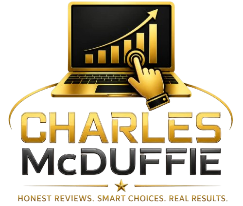Logo for Charles McDuffie with a gold laptop showing an upward-trending chart and a pointing finger, plus the tagline 'Honest Reviews. Smart Choices. Real Results.'
