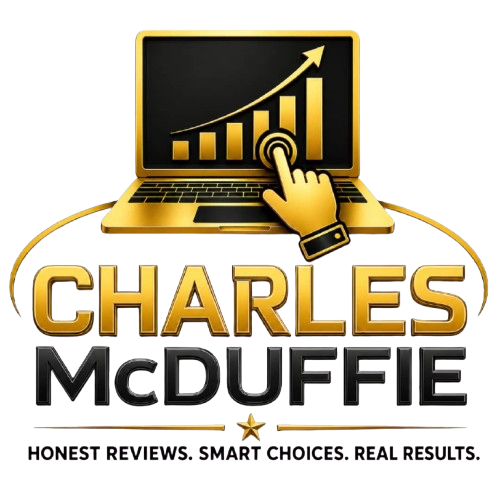 Charles McDuffie logo: gold laptop with rising chart and clicking finger, over bold name and the tagline 'Honest reviews. Smart choices. Real results.'