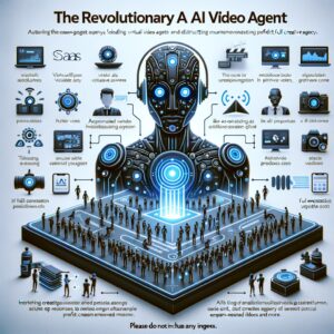 Infographic of a central robotic AI agent on a platform, surrounded by icons and tiny people illustrating its components and users.