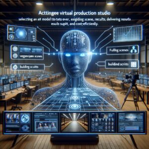 Futuristic AI hologram centered in a high-tech control room with multiple screens and workstations.